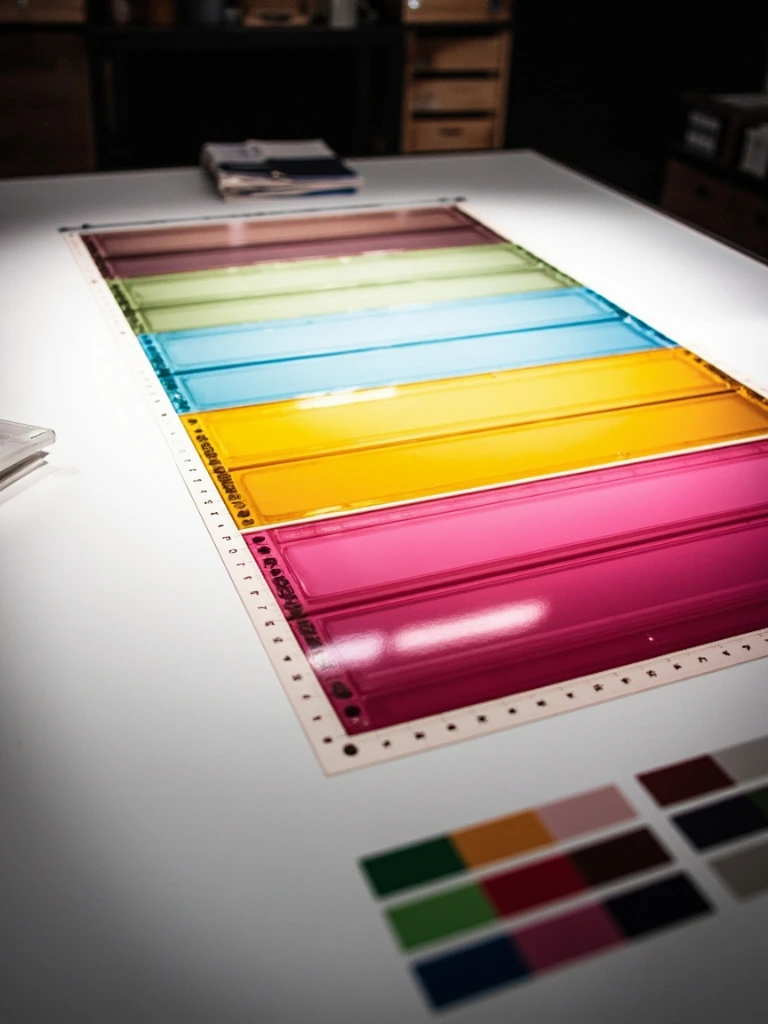 Four-color separation film positives on a light table